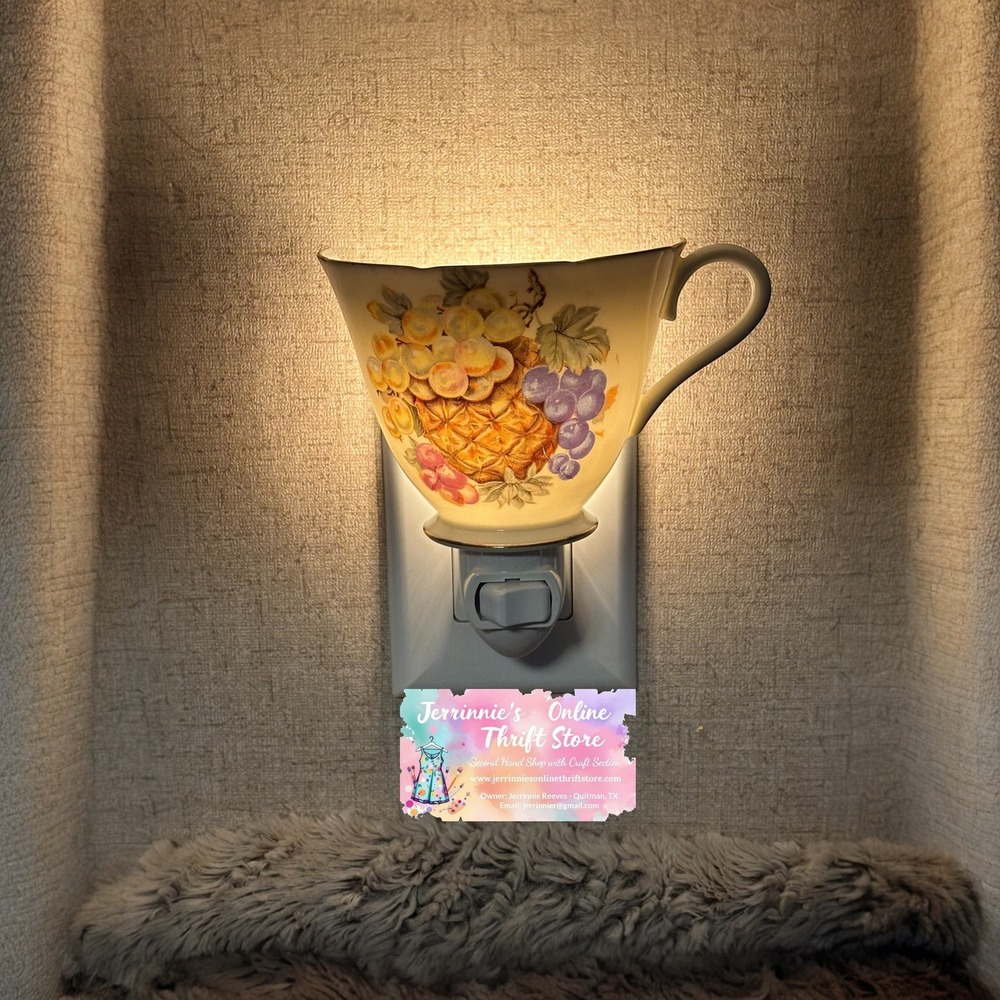 Vintage Teacup Night Light Fruit Motif Ceramic Plug In Wall Light Cottagecore